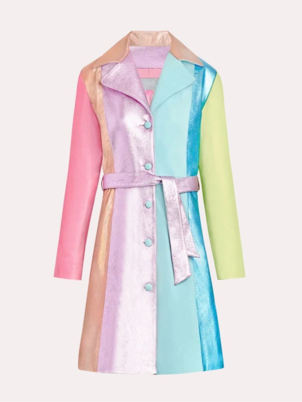 The Mighty Company Multicolor Rainbow Leather Trench Coat w Tie Belt Size XL